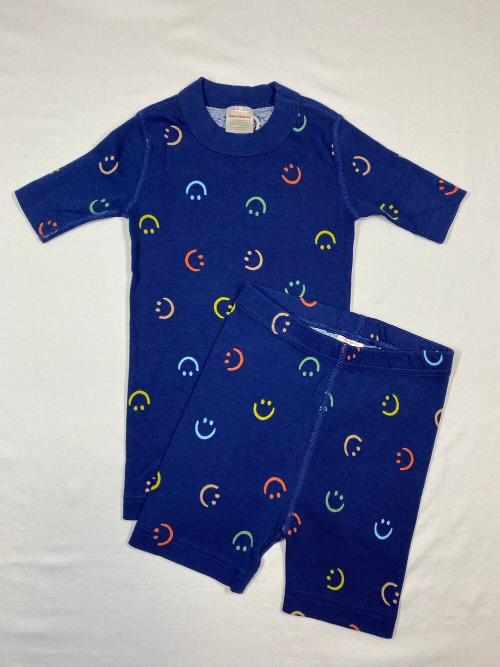 Hanna Andersson Kids Size 6-7 Happy Days Print Short John Pajama Set Smiley Face